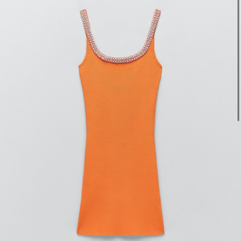 Zara knit orange dress with pearls, size small